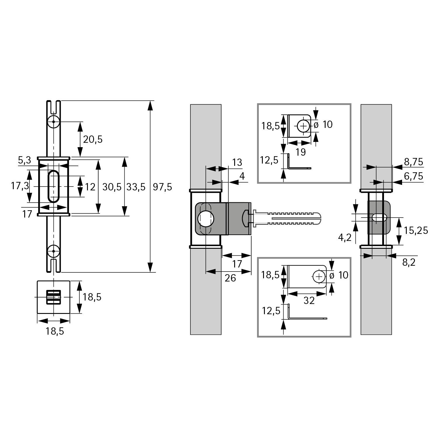 Technische Zeichnung mit Details zu Abmessungen und Montage einer mechanischen Komponente, einschließlich Breite, Höhe, Tiefe und Abstandsmessungen.