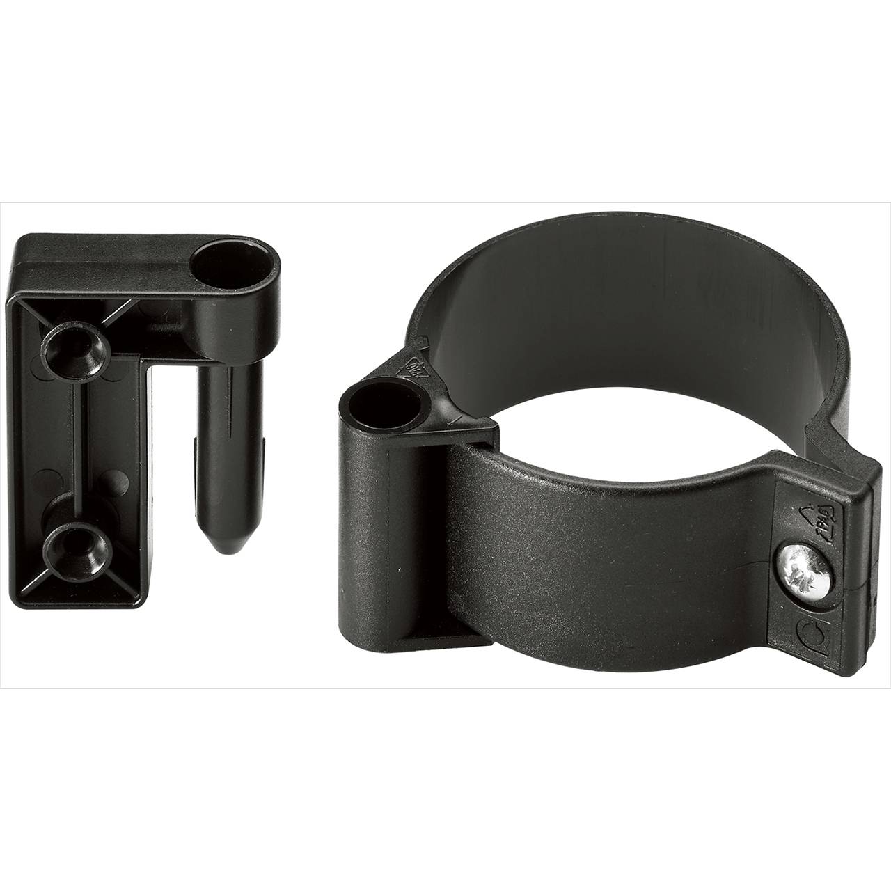 Schwarze PVC-Rohrschelle und Wandhalterung mit Befestigungslöchern