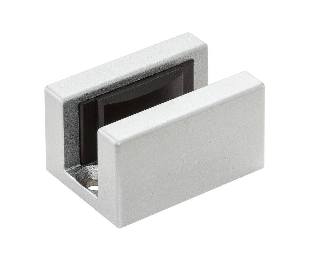 Eine Metallklammer oder Halterung mit elegantem silbernem Finish und schwarzer Gummi- oder Kunststoffauskleidung im Inneren. Sie dient wahrscheinlich als Träger oder Verbindungselement.