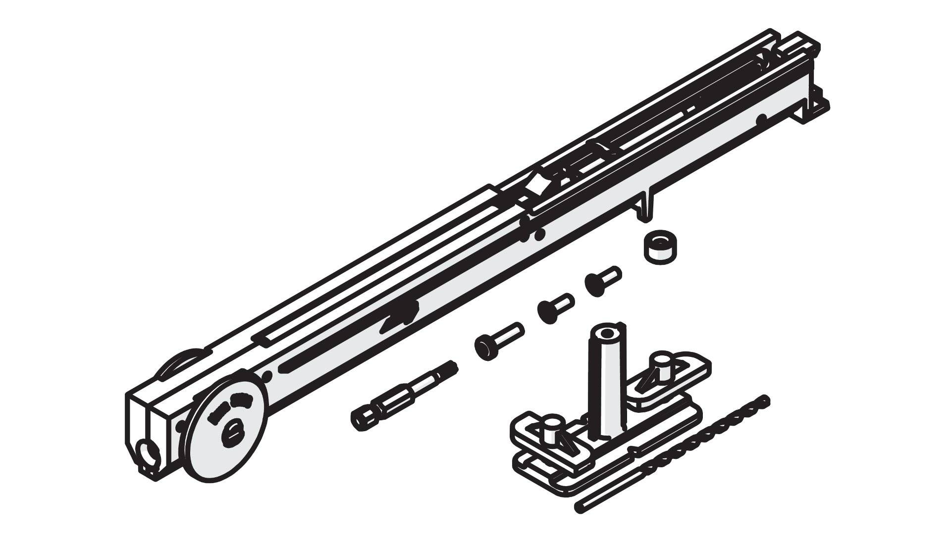 Diagramm mit den Komponenten eines Schiebetürmechanismus, einschließlich einer Schiene, Rollen und Montagehardware, das die Montage zeigt.