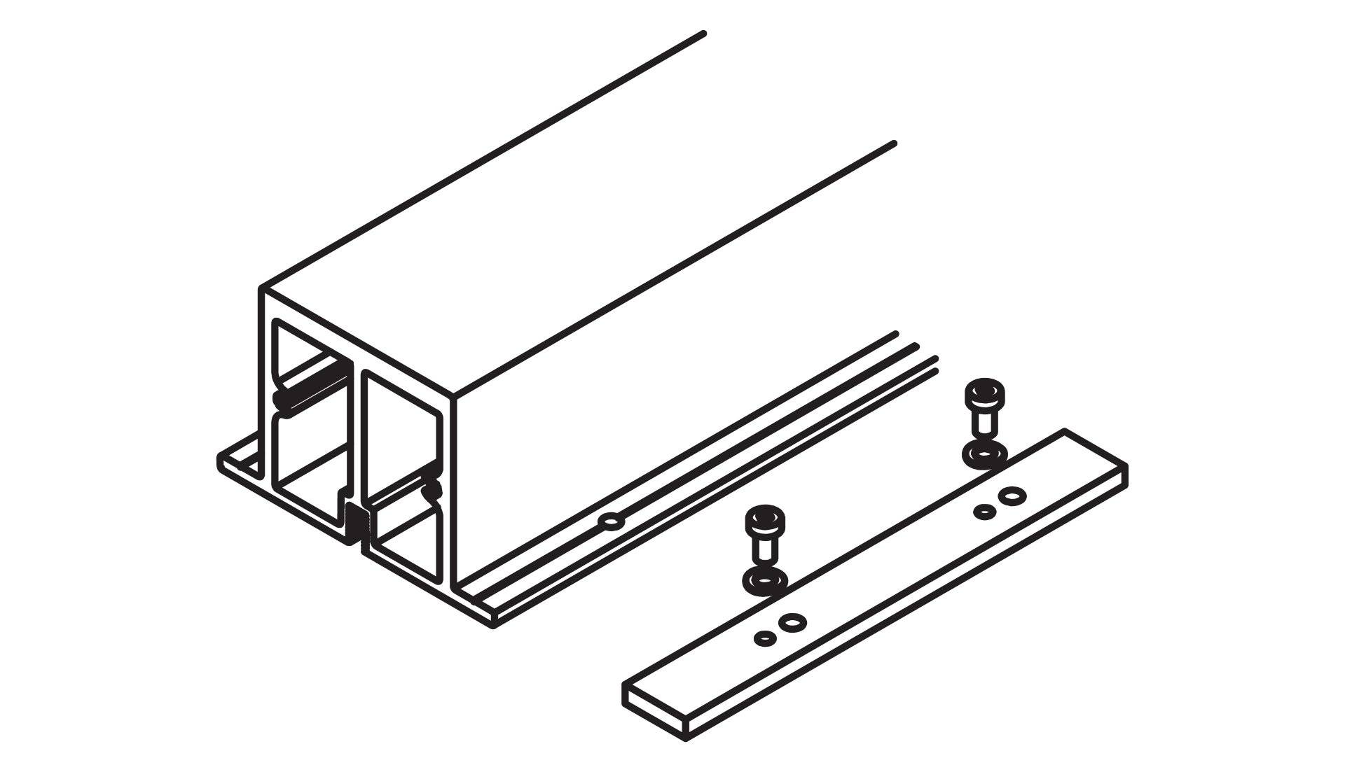 Diagramm des Metallrahmensystems mit Komponenten, das einen Querschnitt einer Schiene und eines Ständers mit ausgerichteten Verbindungsschrauben zur Montage zeigt.