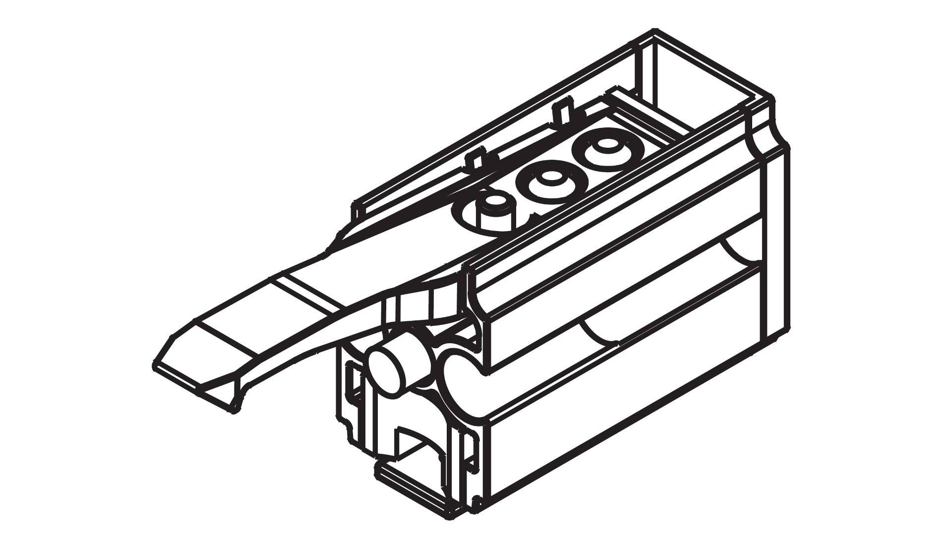 Linienzeichnung eines mechanischen Teils mit zylindrischen Komponenten in einem rechteckigen Gehäuse, wobei verschiedene interne und externe Elemente dargestellt sind.
