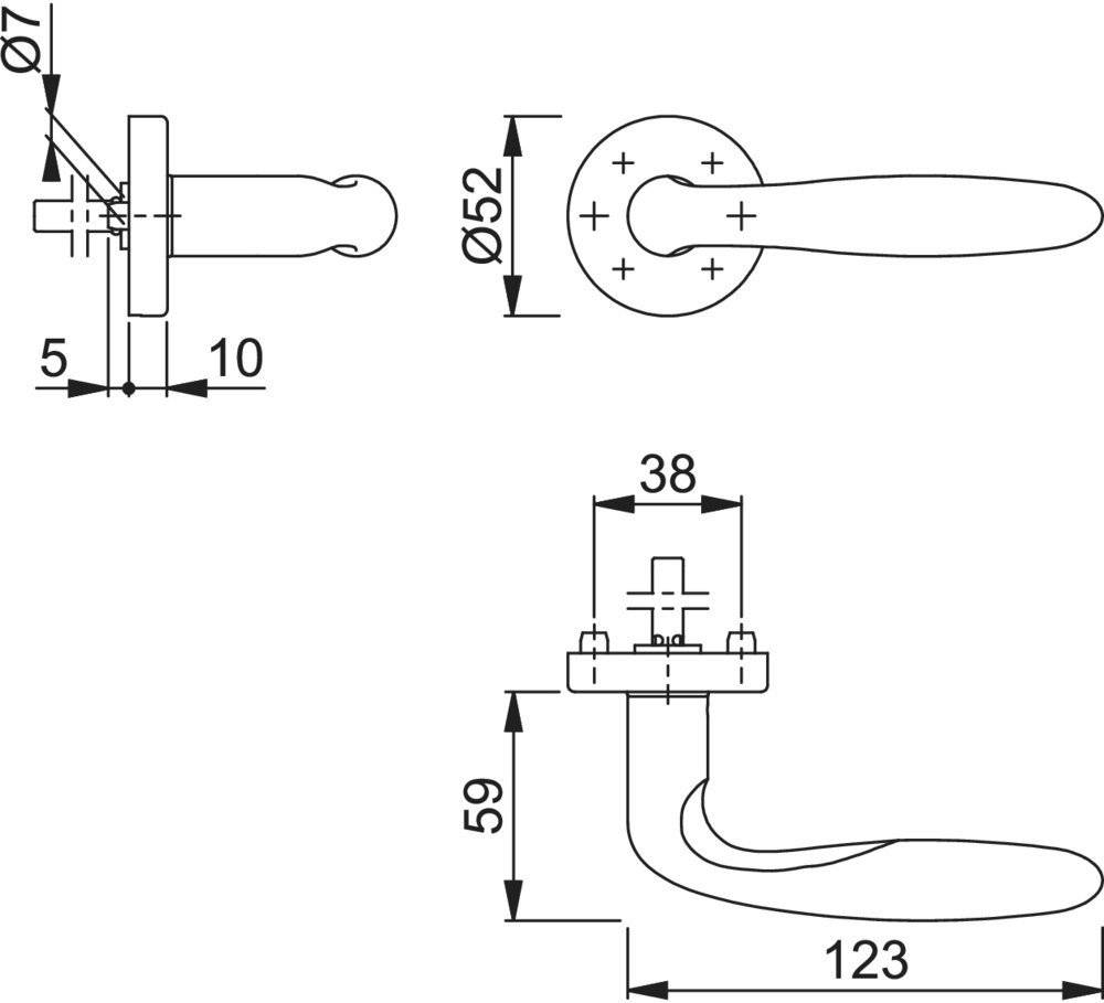 Technische Zeichnung einer Türklinke mit Abmessungen: Durchmesser 52 mm, Länge 123 mm, Höhe 59 mm und zwei Befestigungsschrauben.