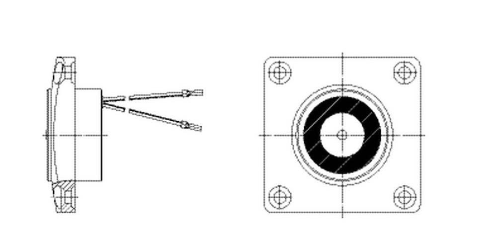 Ein mechanisches Schaubild, das ein kreisförmiges Lüfterblatt in einem quadratischen Rahmen zeigt, mit Schraubenlöchern in den Ecken und zwei abgelösten Drähten an der Seite.