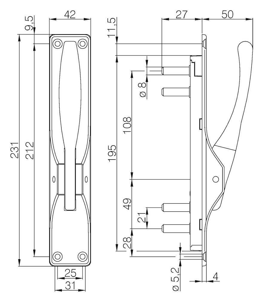 N+D Türtreibriegel - DENI PORTA Classic, für Vierkantstangen, E5 silber eloxiert