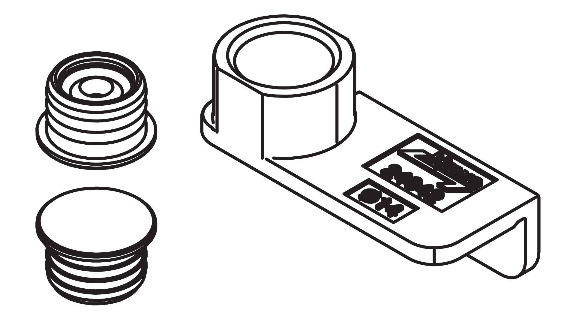 Technische Zeichnung eines mechanischen Teils mit einer kreisförmigen Komponente, rechteckiger Grundlage und beschrifteten Abschnitten.