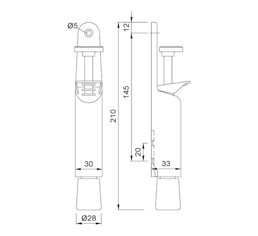 Technische Zeichnung einer Pipette mit Seiten- und Frontansicht. Abmessungen: 210 mm Höhe, 33 mm maximale Breite, verschiedene Teile mit Maßen gekennzeichnet.