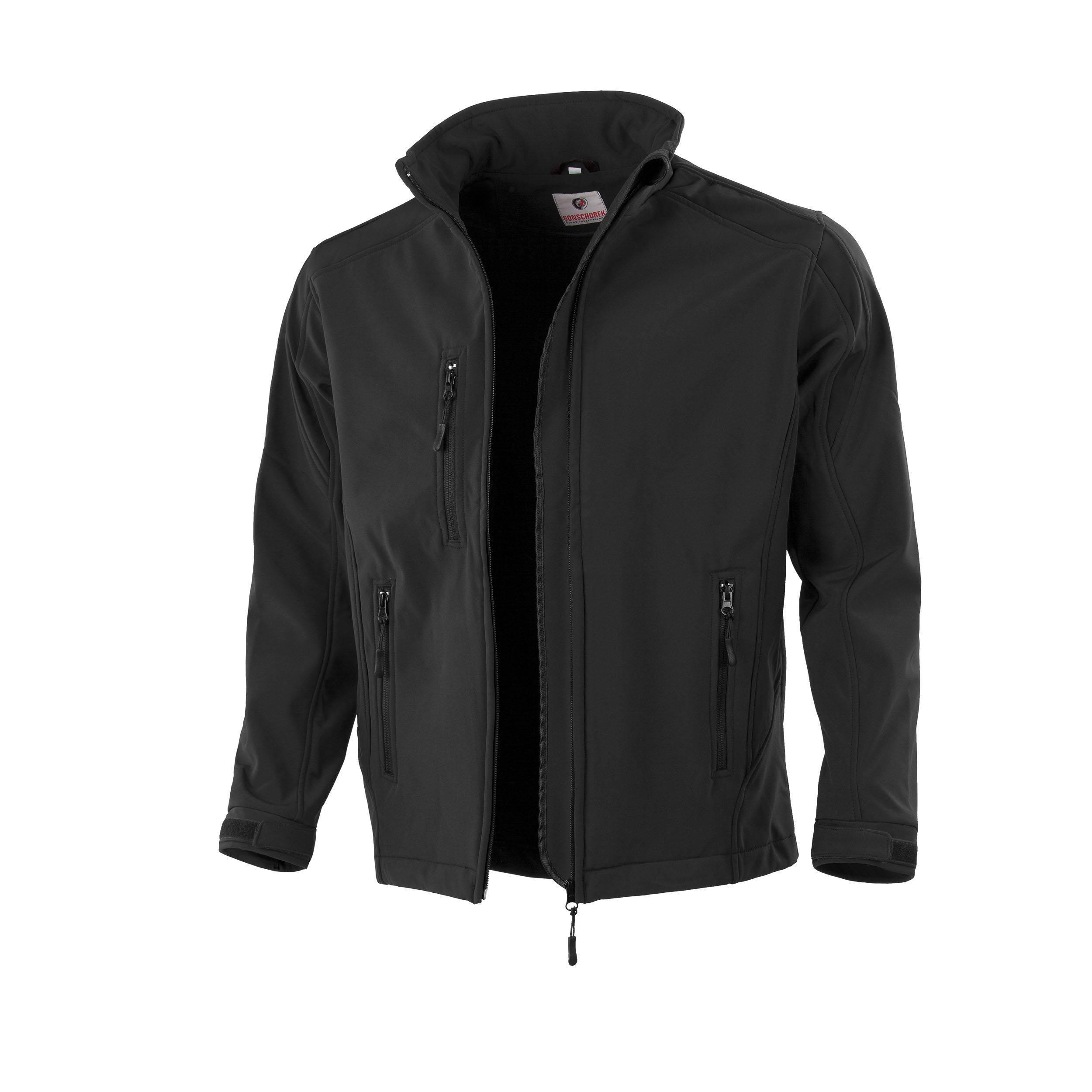 Eine schwarze Jacke mit Reißverschluss vorne, hohem Kragen und mehreren Reißverschlusstaschen an Brust und Seiten, die vor einem weißen Hintergrund präsentiert wird.