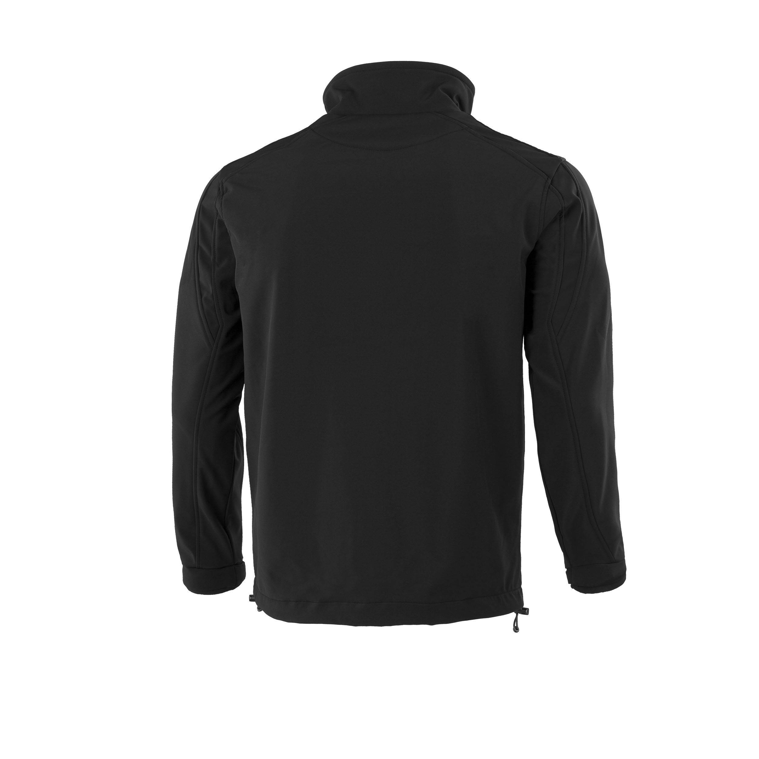 Eine schwarze Jacke, von hinten präsentiert, die den Kragen, die langen Ärmel und die taillierte Passform zeigt; der Stoff wirkt glatt und maßgeschneidert.