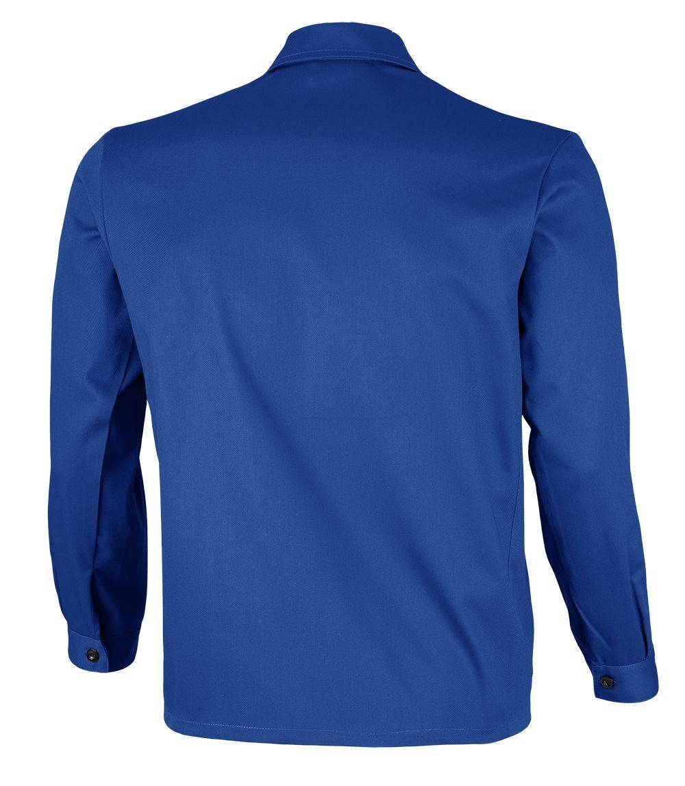 Eine blaue formelle Jacke, von hinten gezeigt, mit langen Ärmeln und einem schlichten Design ohne sichtbare Logos oder Muster.