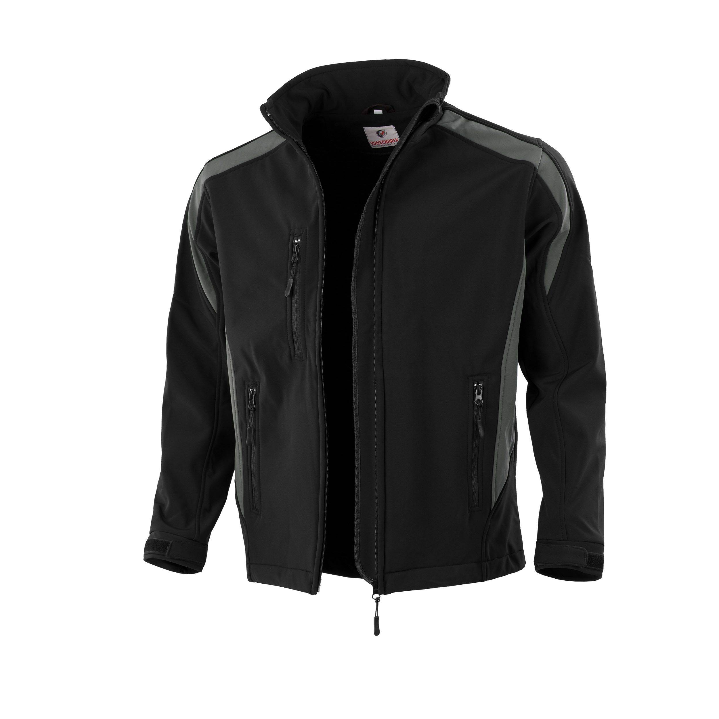 Eine schwarze und graue Herrenjacke mit hohem Kragen und Reißverschlusstaschen, vor einem weißen Hintergrund.