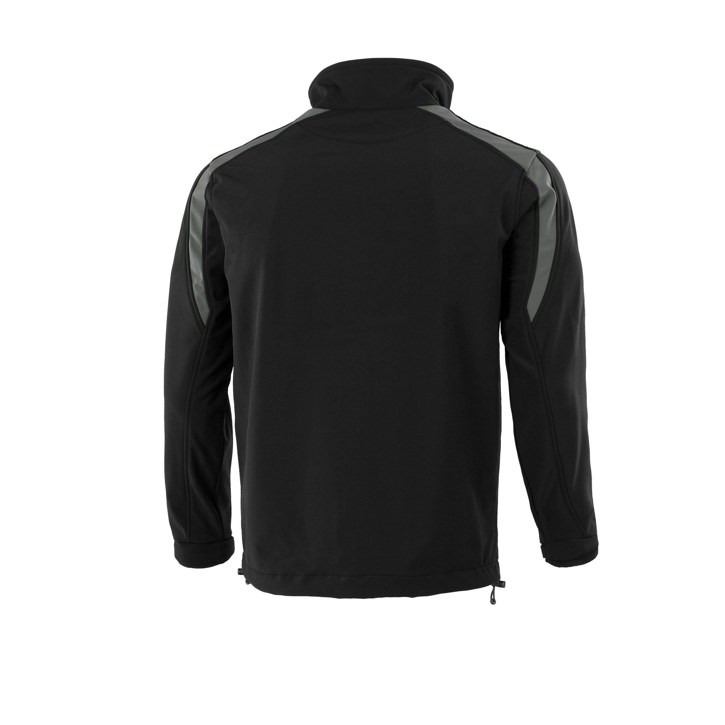 Schwarze Jacke mit hochgestelltem Kragen, langen Ärmeln und grauen Schulterdetails, von hinten betrachtet.