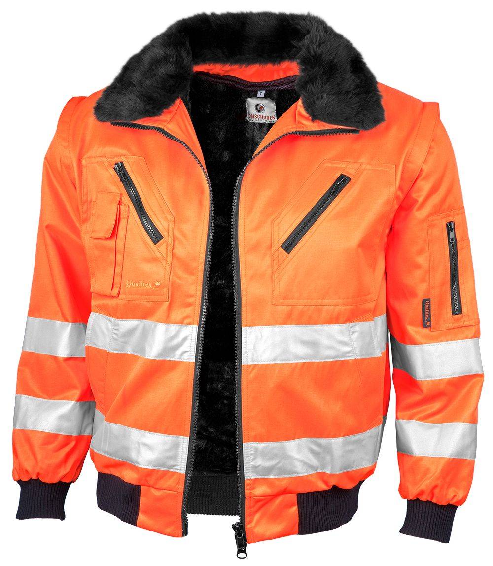 Eine orange und schwarze reflektierende Sicherheitsjacke mit Fellkragen, ausgestattet mit mehreren Reißverschlusstaschen und Warnstreifen.