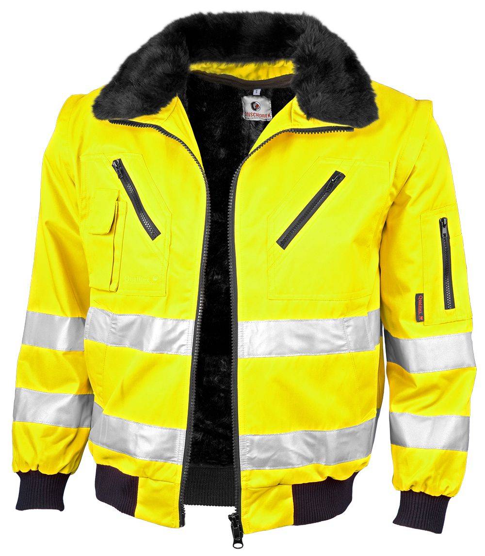 Gelbe Warnschutzjacke mit schwarzem Pelzkragen, reflektierenden silbernen Streifen, mehreren Reißverschlusstaschen, konzipiert für Sicherheit.