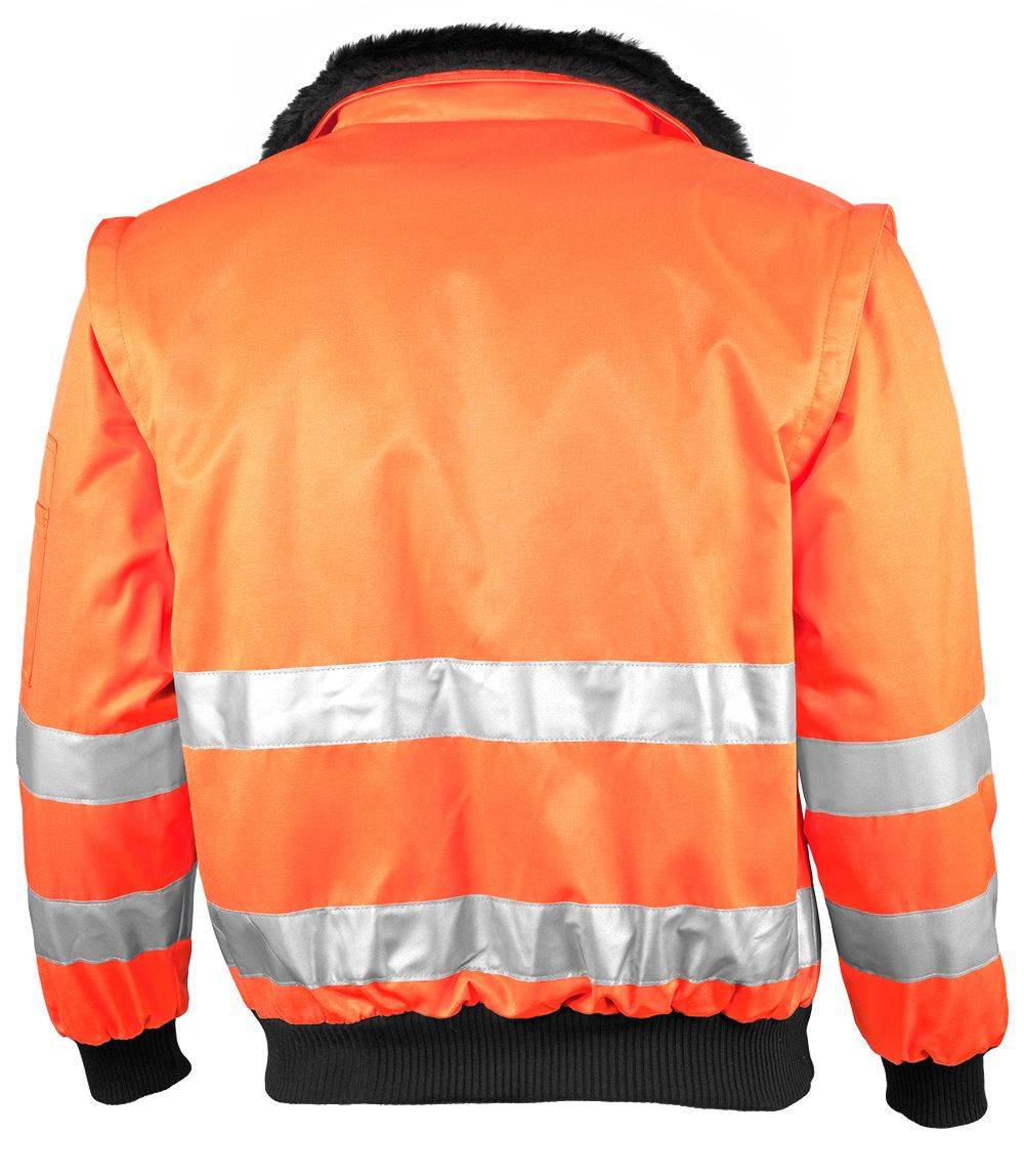 Eine leuchtend orangene Sicherheitsweste mit reflektierenden silbernen Streifen, die häufig zur Erhöhung der Sichtbarkeit in Arbeitsumgebungen eingesetzt wird.