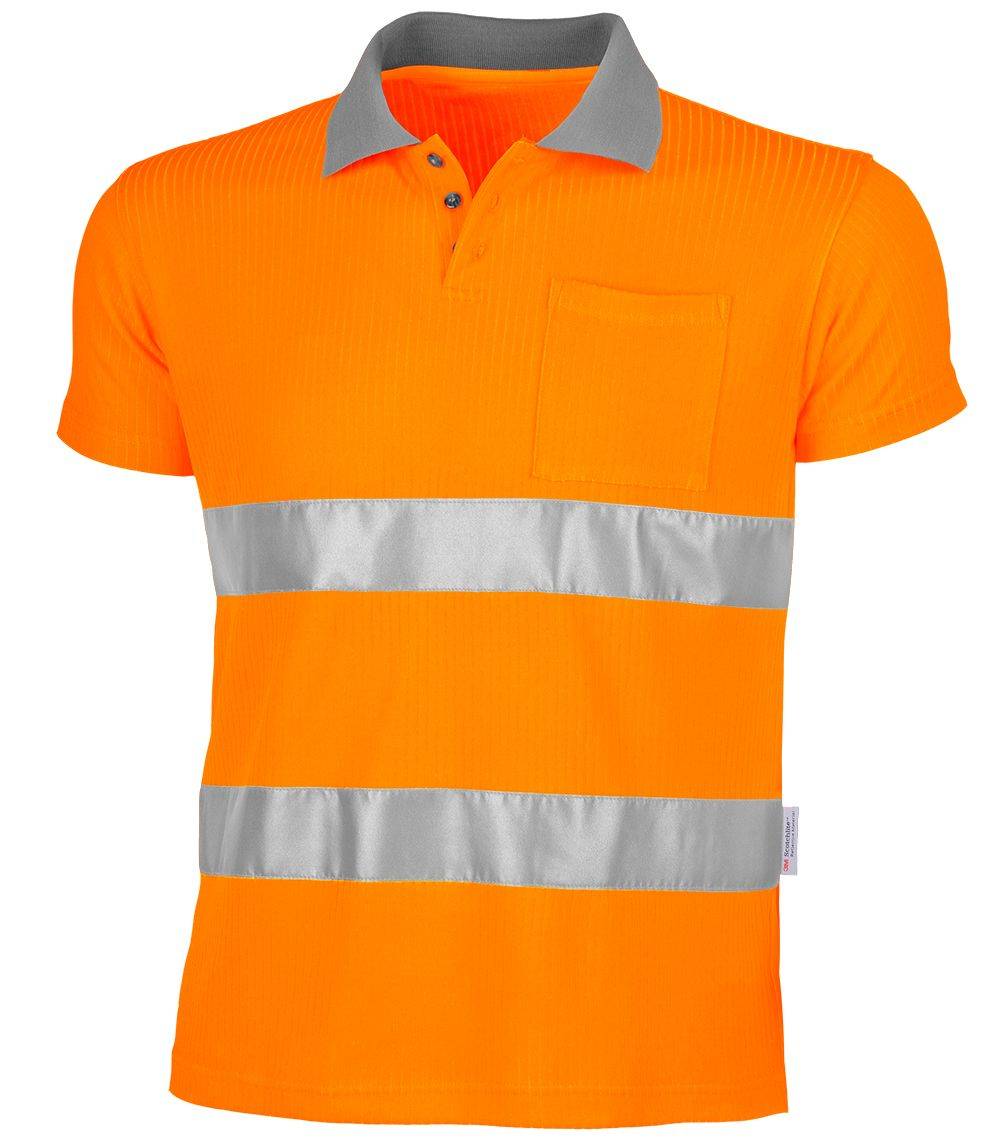 Helles orangefarbenes Sicherheits-Poloshirt mit einer Tasche und zwei reflektierenden grauen horizontalen Streifen um Brust und Taille, entwickelt für maximale Sichtbarkeit.
