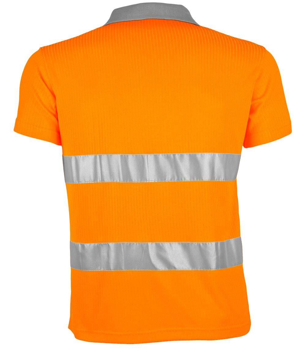 Leuchtend orangefarbene Warnweste mit silbernen reflektierenden Streifen horizontal über dem Rücken.