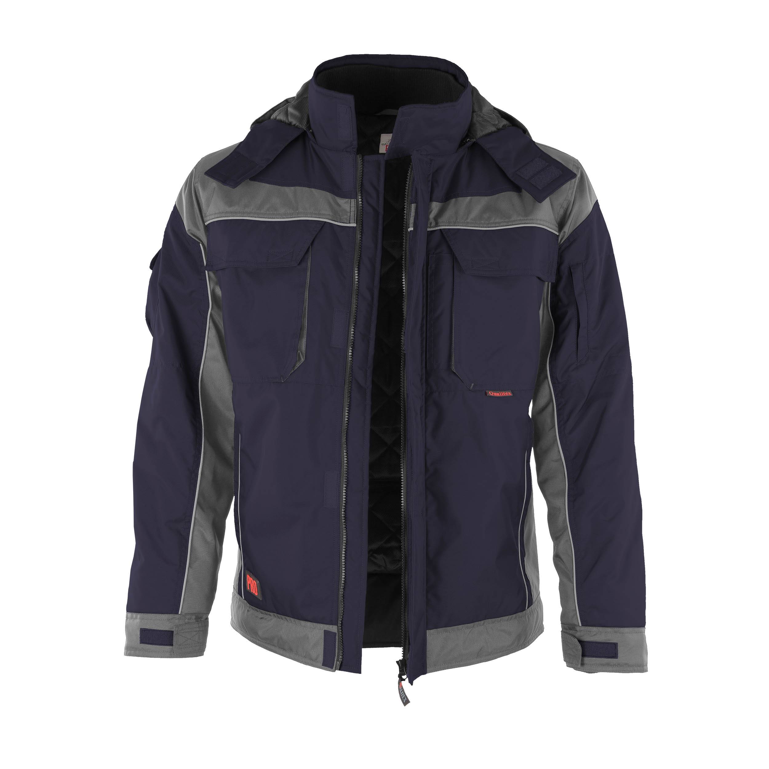 Marineblaue und graue Jacke mit Frontreißverschluss, hohem Kragen und mehreren Taschen. Verfügt über verstellbare Manschetten und ist für den Outdoor-Einsatz geeignet.
