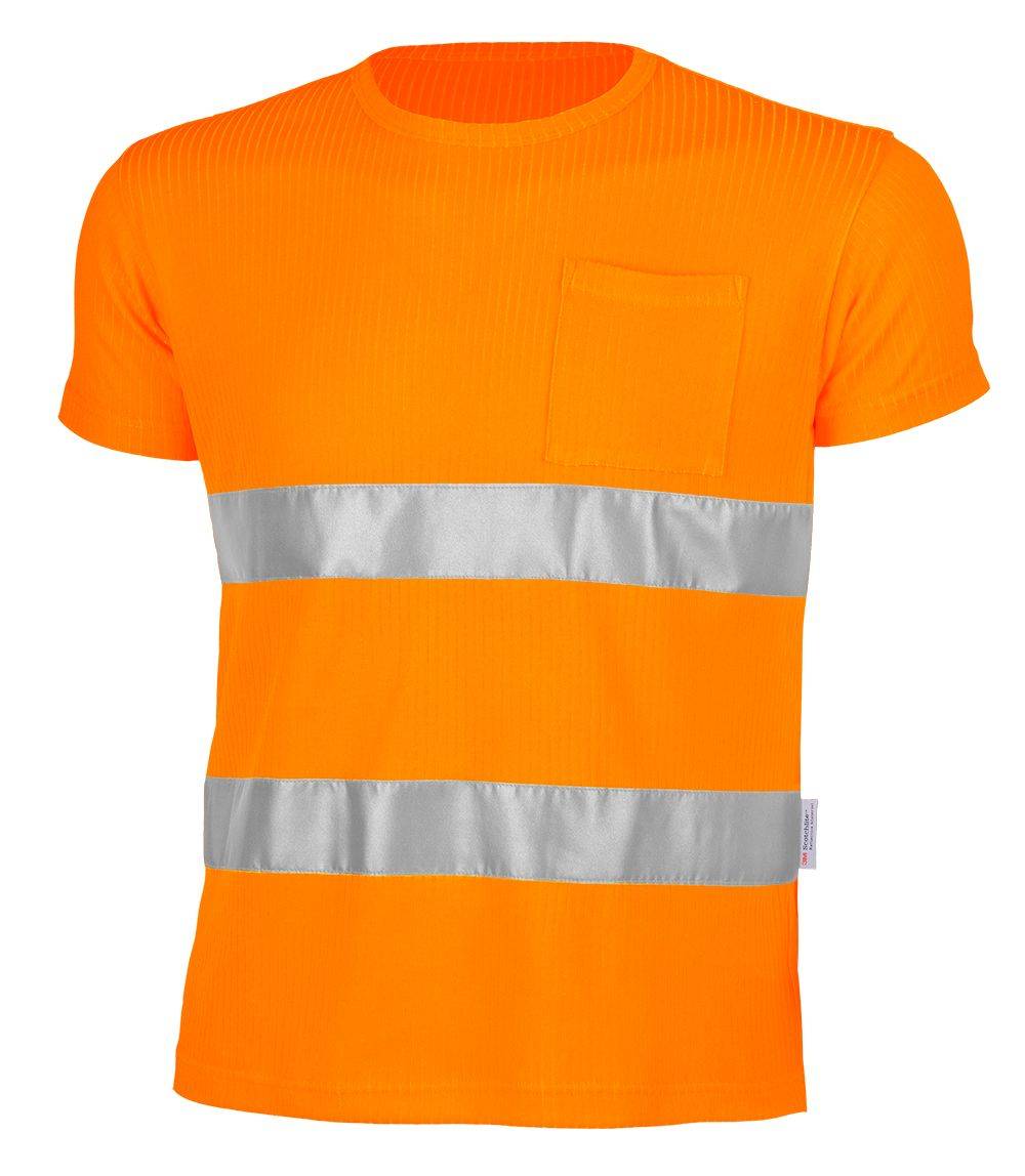 Orange Warnschutz-T-Shirt mit reflektierenden silbernen Bändern über Brust und Taille, entwickelt für hohe Sichtbarkeit.