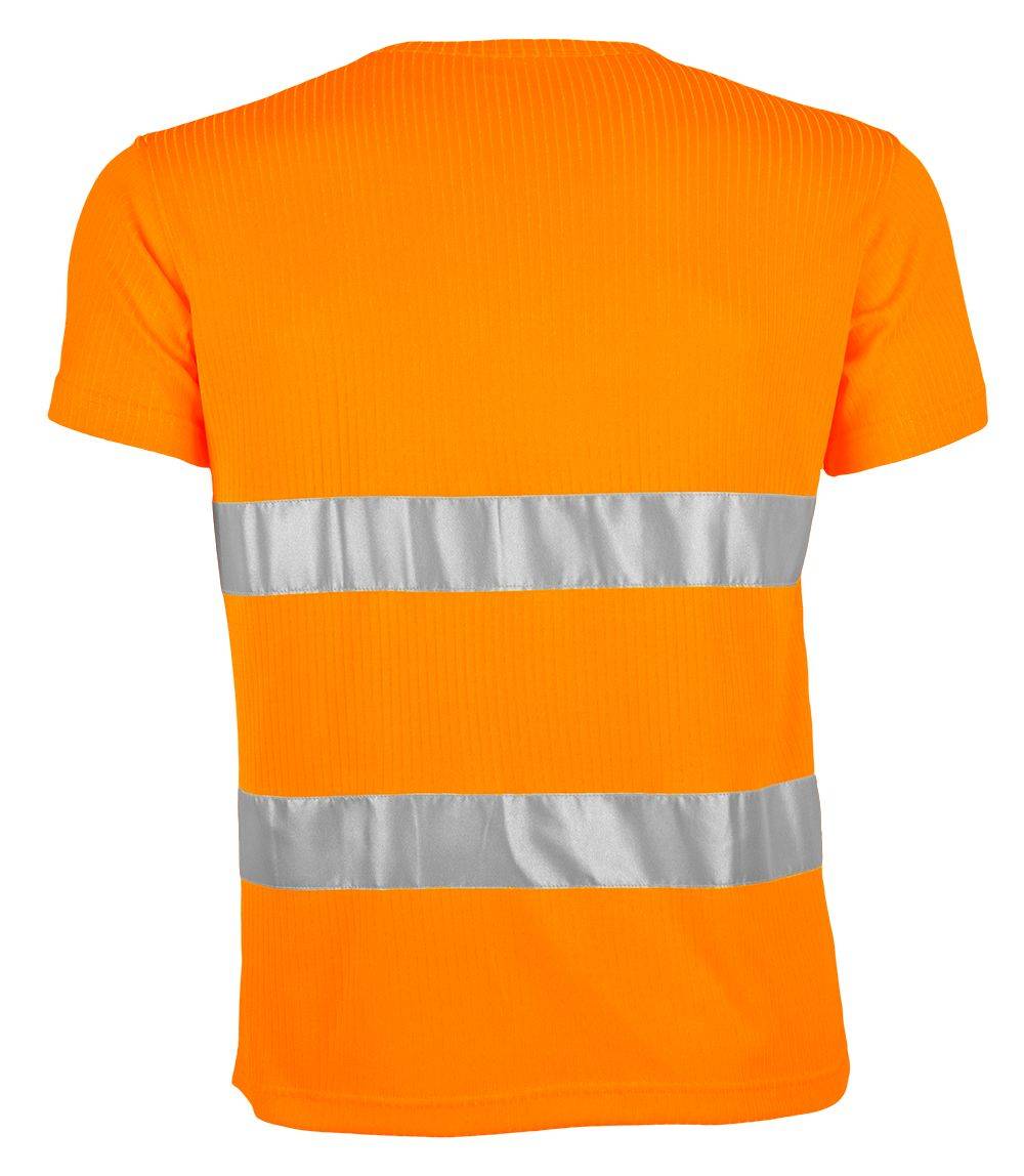 Helle orangefarbene Warnschutz-Arbeitsshirt mit reflektierenden horizontalen Streifen zur verbesserten Sichtbarkeit.