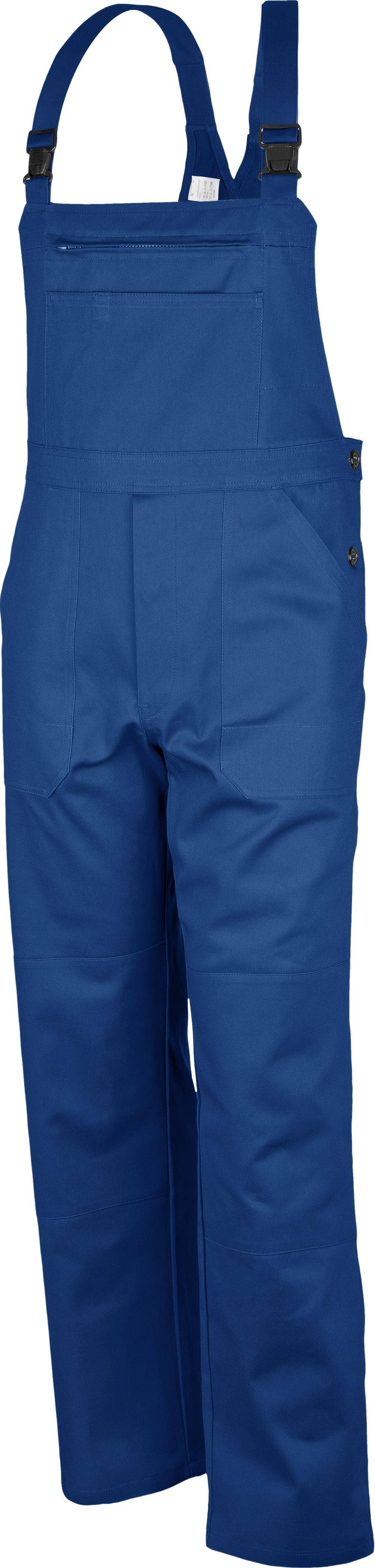 Blaue Arbeitshosen mit sichtbaren Taschen und Nähten.
