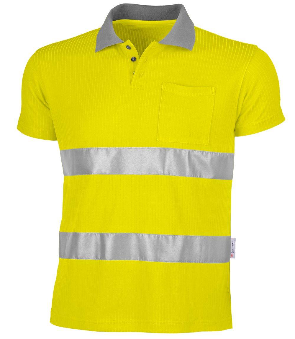 Ein helles gelbes Poloshirt mit reflektierenden grauen Streifen über Brust und Taille, konzipiert für verbesserte Sichtbarkeit und Sicherheit.