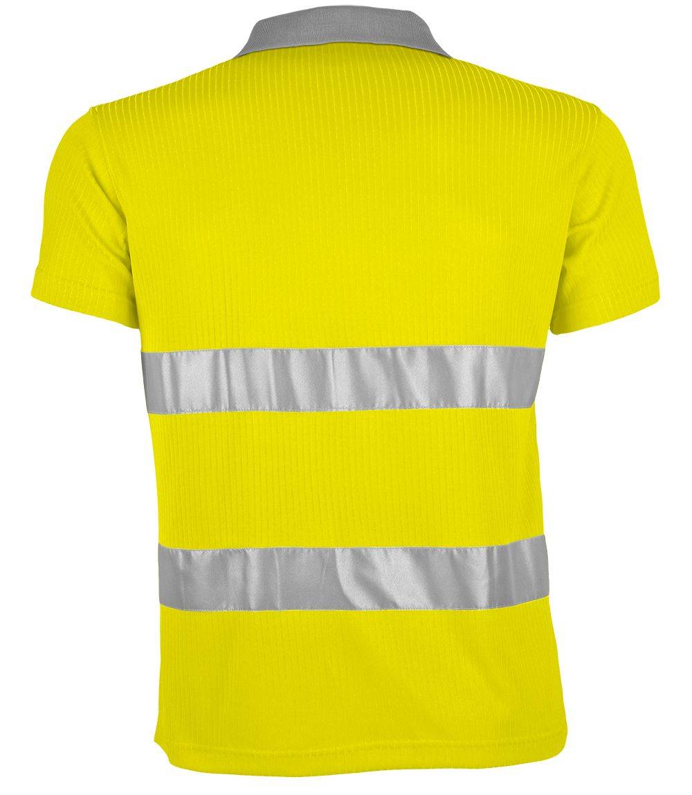 Ein helles gelbes Kurzarmshirt mit zwei reflektierenden silbernen Streifen um den Torso, typischerweise für hohe Sichtbarkeit verwendet.