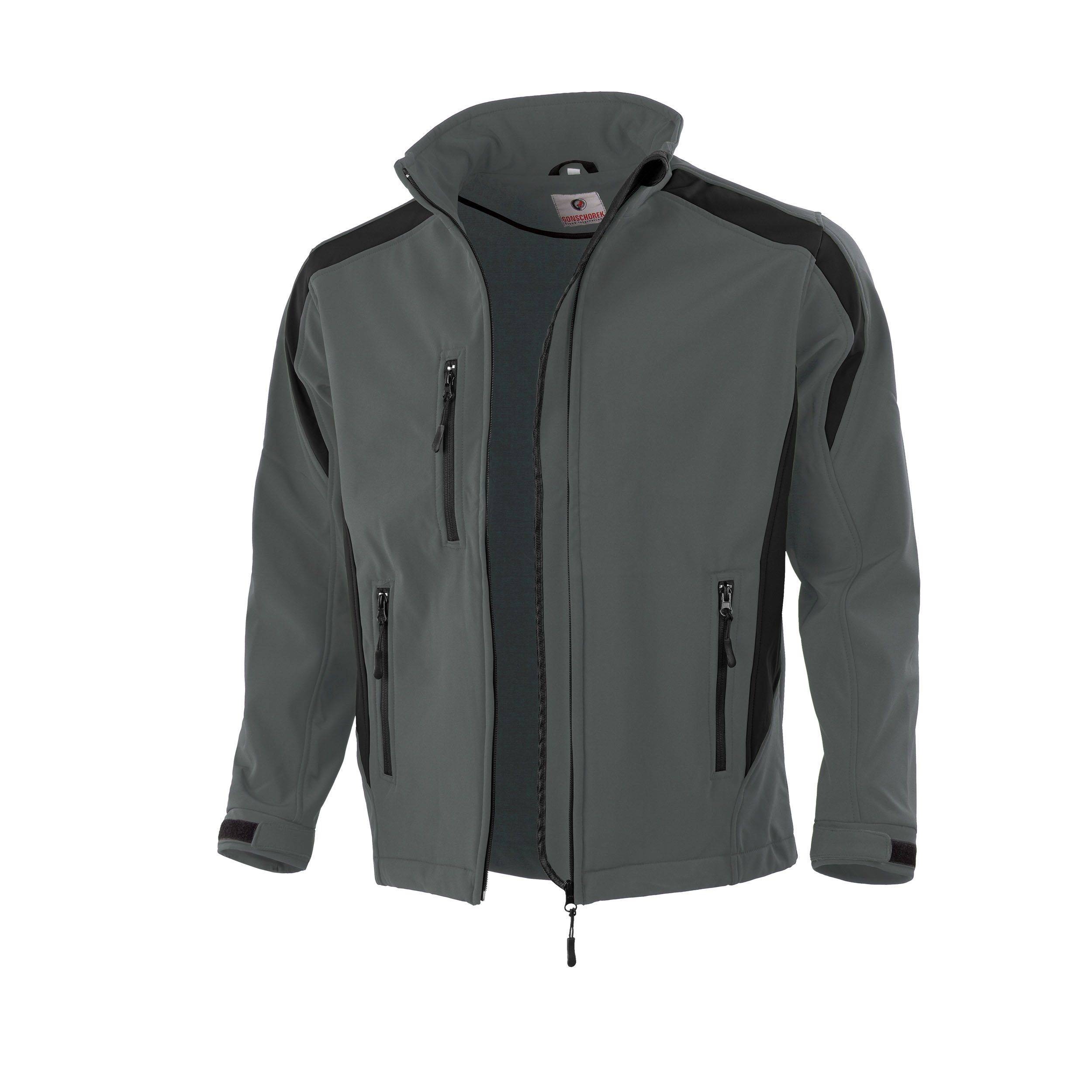 Eine graue Reißverschlussjacke mit schwarzen Akzenten, ausgestattet mit einem hohen Kragen, langen Ärmeln und Reißverschlusstaschen an jeder Seite.