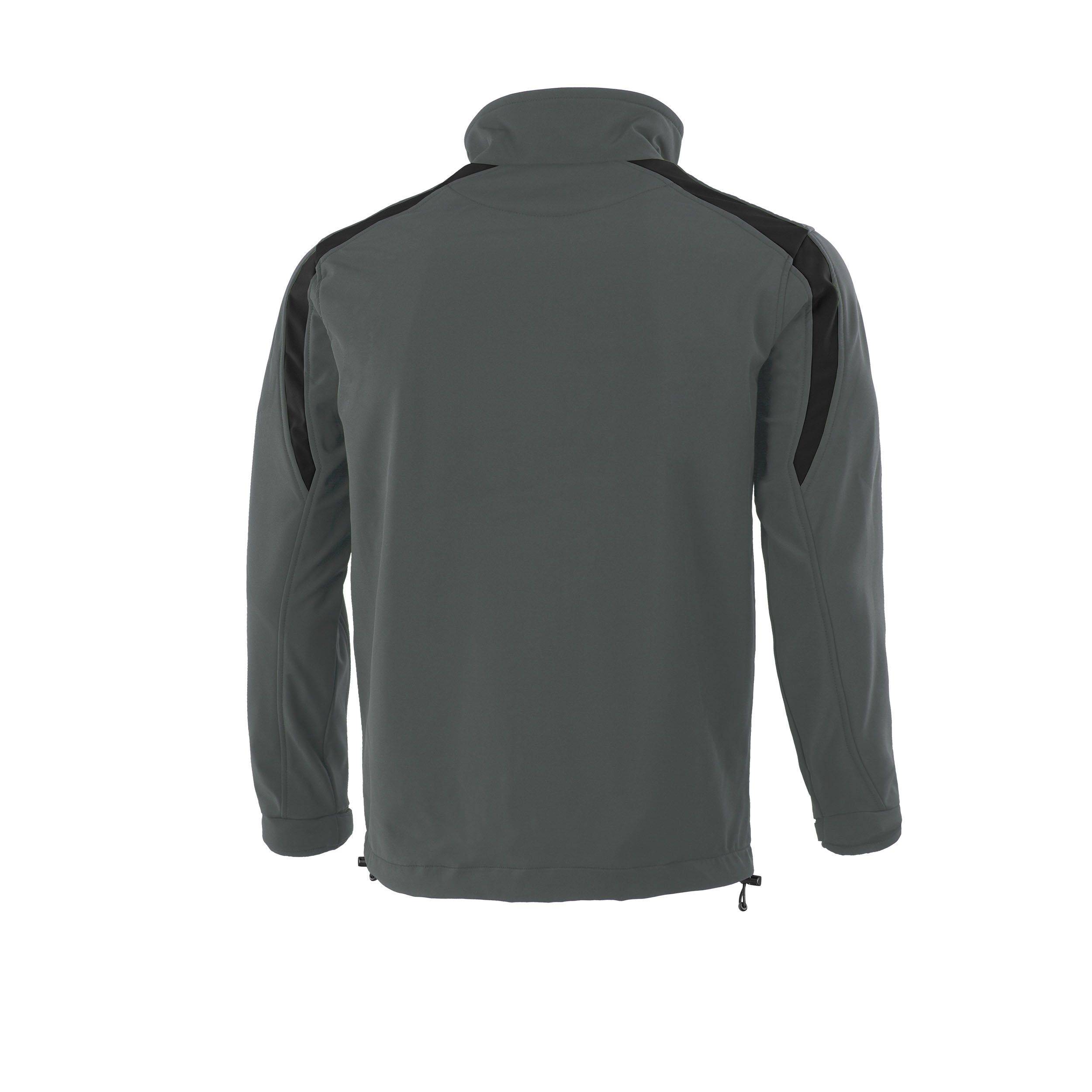 Eine dunkelgraue Jacke, von hinten gezeigt, mit schwarzen Akzenten auf den Schultern und langen Ärmeln.