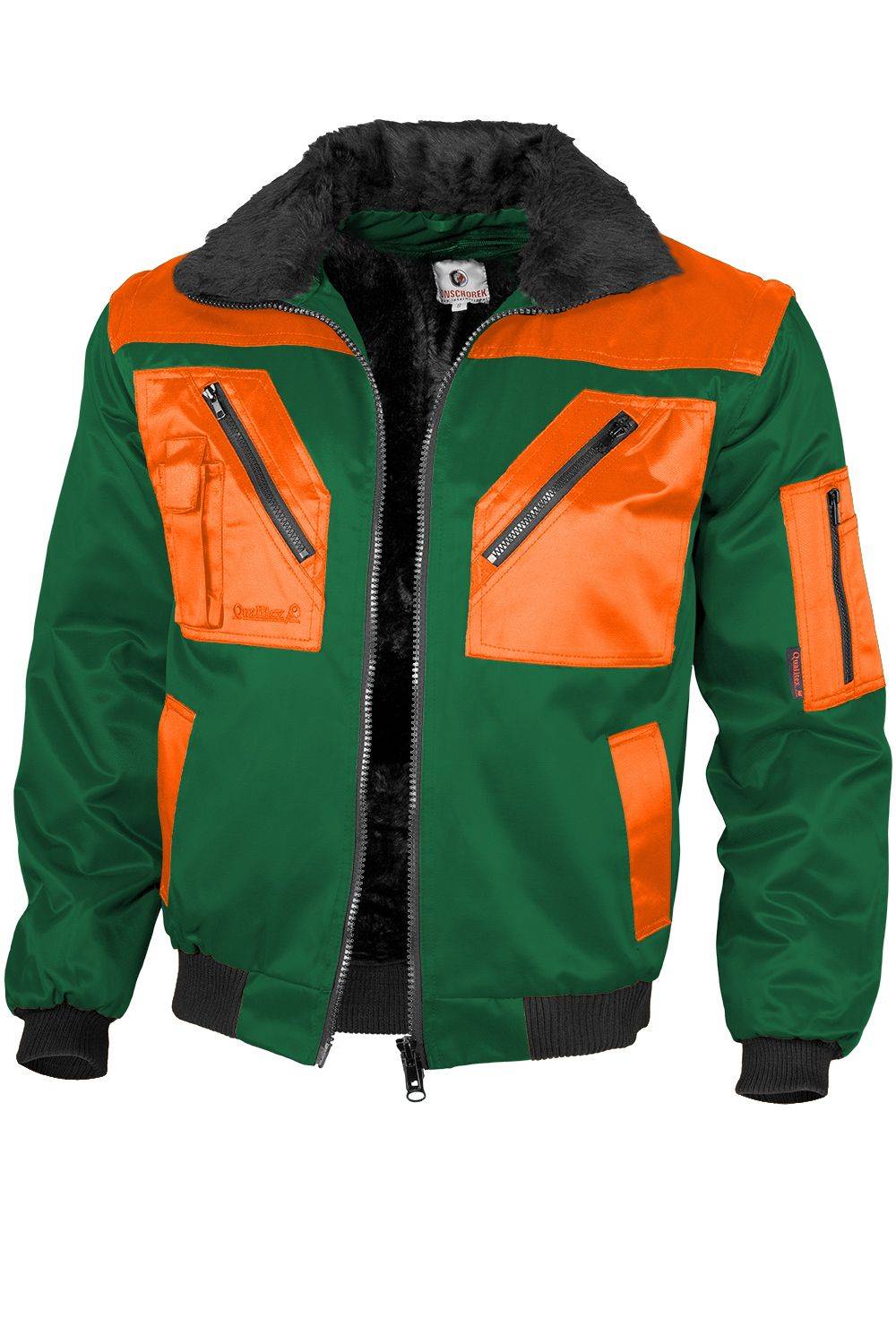 Grüne Jacke mit orangefarbenen Akzenten und mehreren Reißverschlusstaschen.