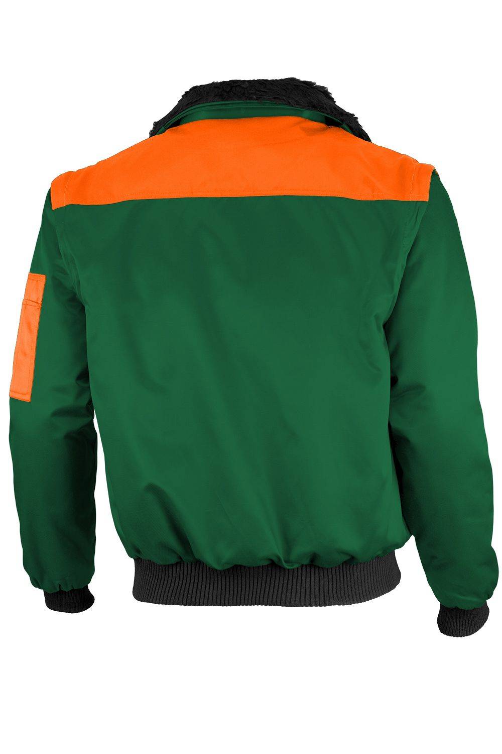 Eine grüne Jacke mit orangefarbenen Schulter- und Ärmelakzenten, mit einer sichtbaren Tasche auf einem Ärmel, von hinten gezeigt.