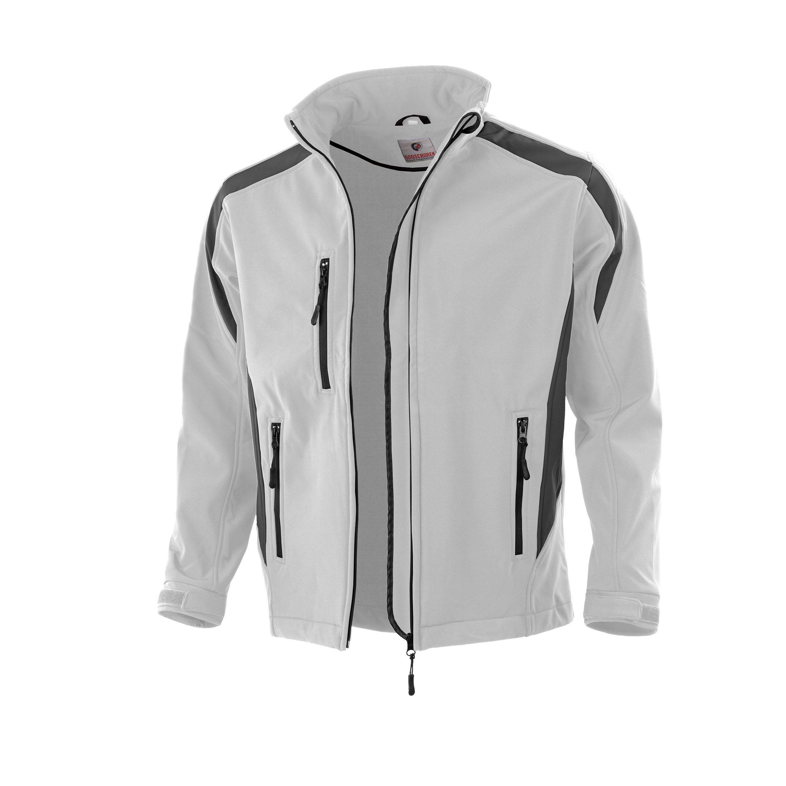 Eine weiße Jacke mit hohem Kragen, schwarzem Reißverschluss und zwei Reißverschlusstaschen an jeder Seite. Sie hat schwarze Akzente auf den Schultern.