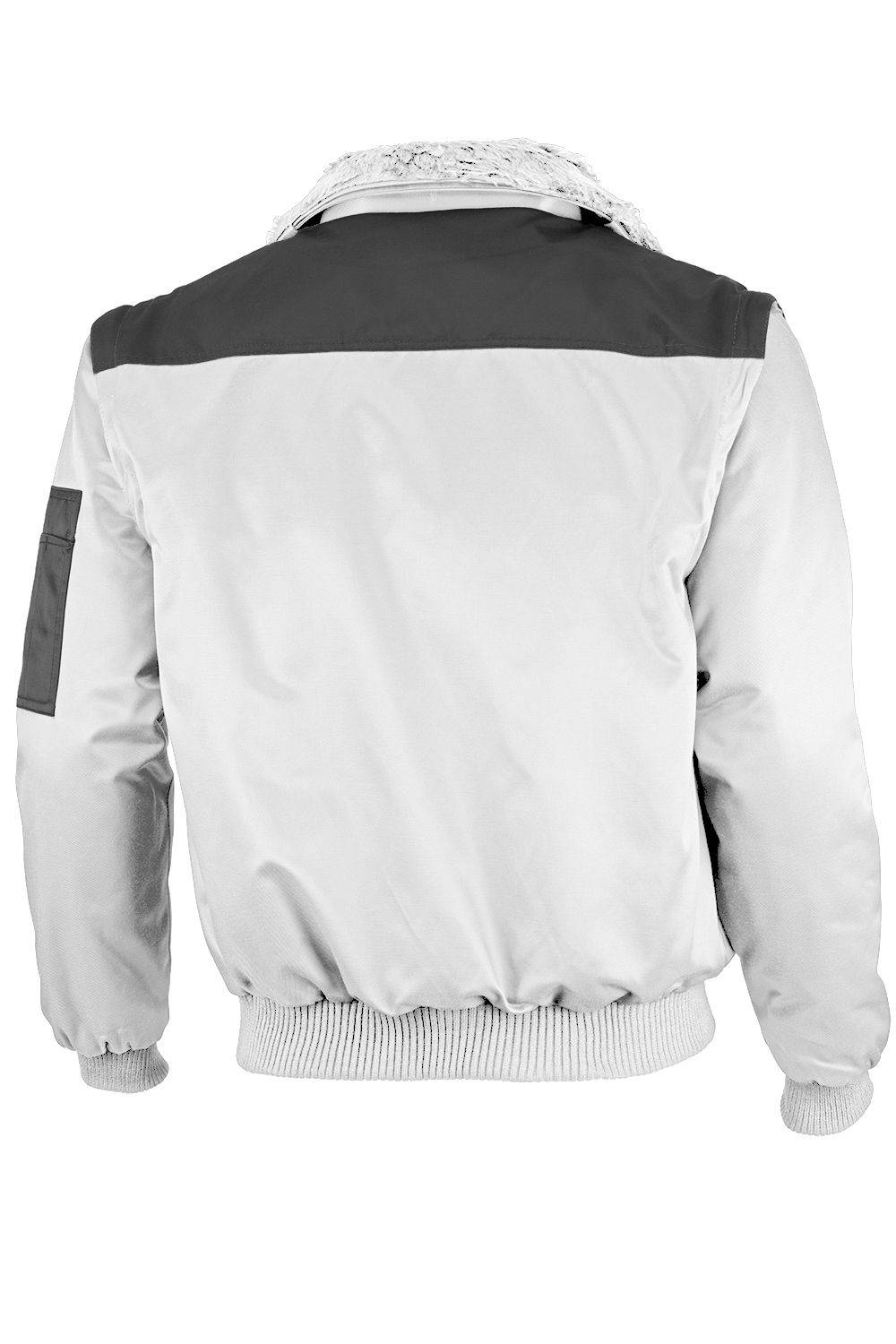 Eine Person trägt eine helle Jacke mit einem dunklen Kragen und dunklem Schulterbereich, die von hinten betrachtet wird. Die Jacke hat eine Tasche am linken Ärmel.