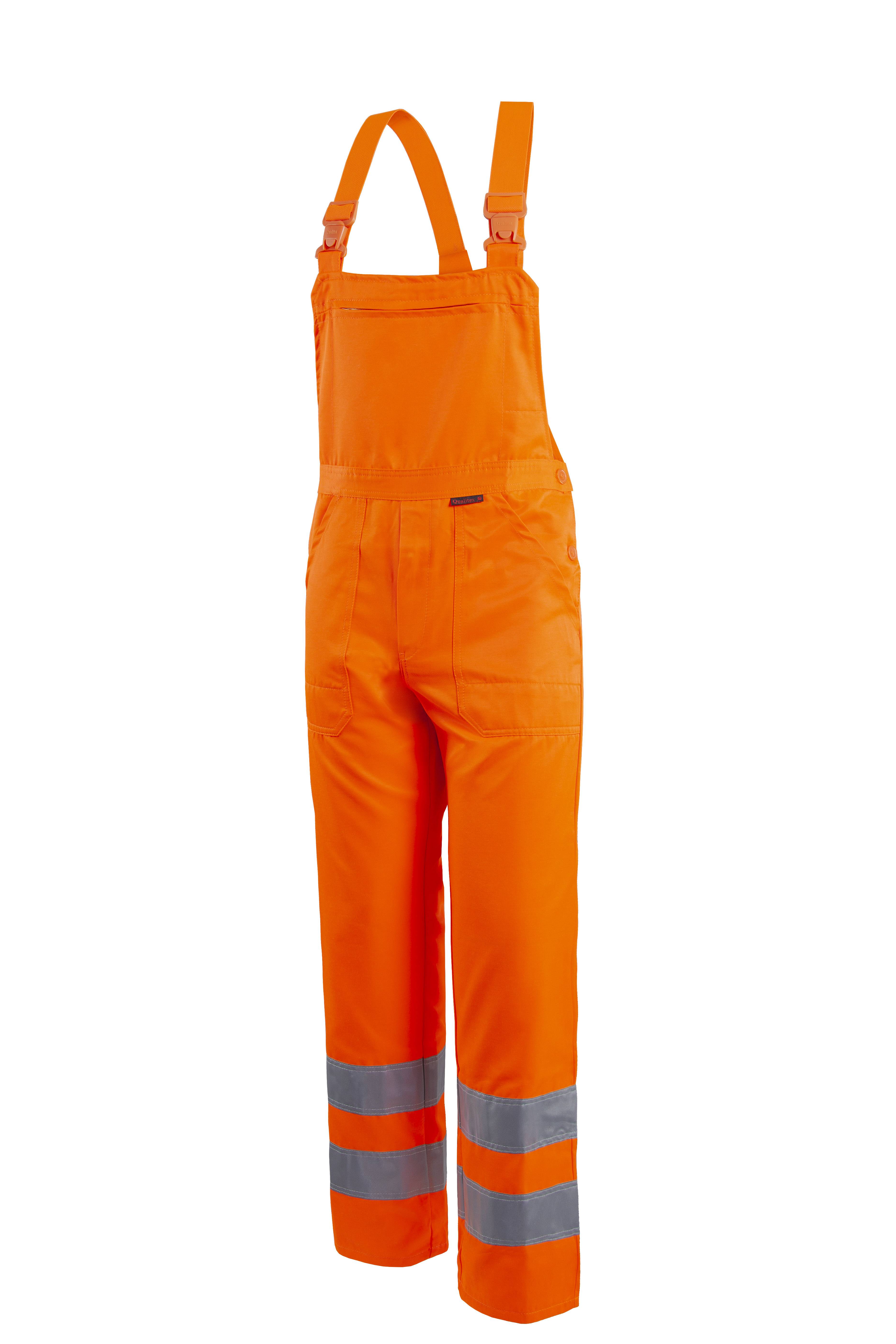 Leuchtend orange Arbeitsoveralls mit reflektierenden Bändern an den Knöcheln, die typischerweise zur Sicherheit und Sichtbarkeit in Arbeitsumgebungen getragen werden.