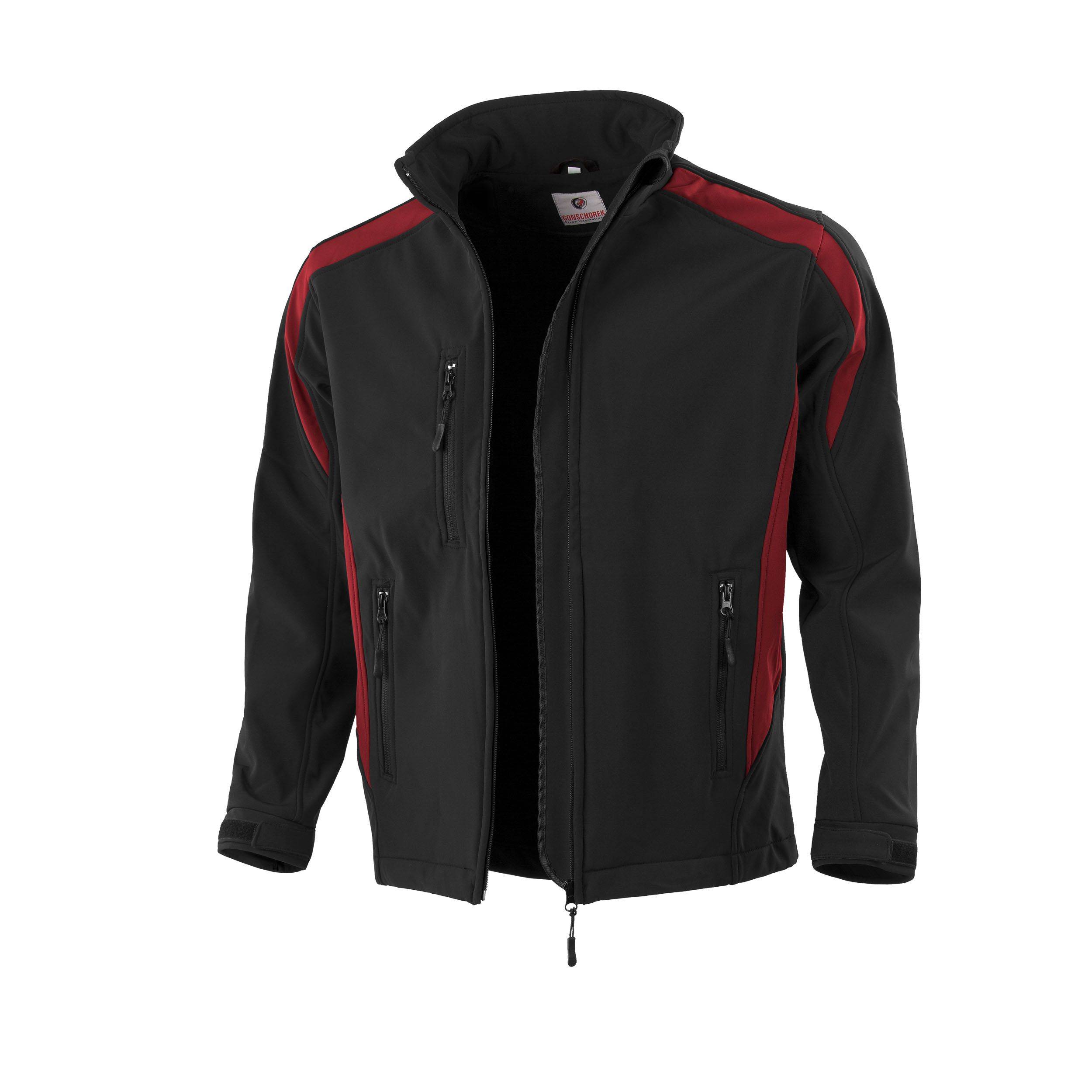 Eine schwarze Jacke mit roten Akzenten auf den Schultern und Seiten, versehen mit einem hohen Kragen und Reißverschlusstaschen.