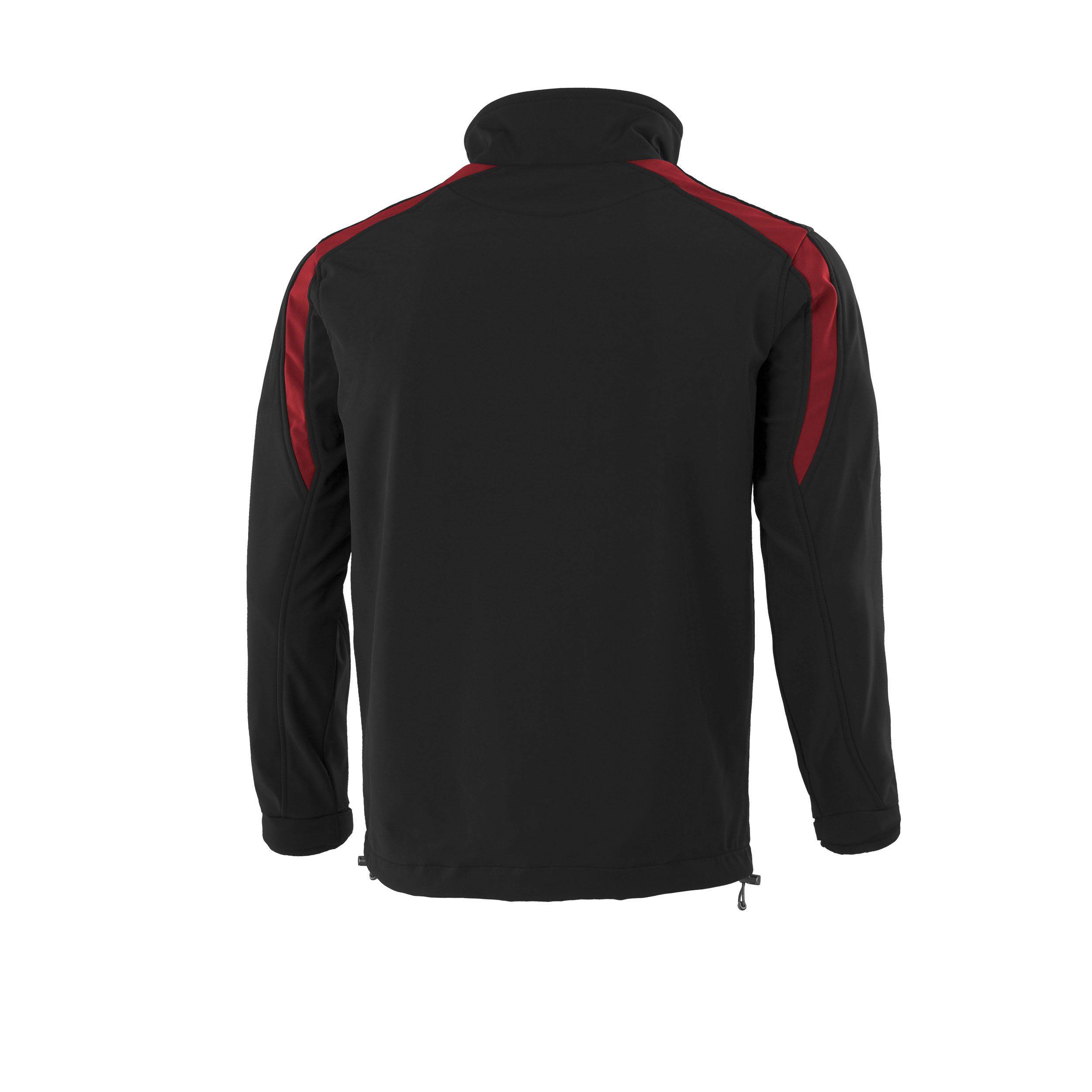 Eine schwarze Jacke mit roten Schulterstreifen, von hinten gezeigt, mit langen Ärmeln und einem hohen Kragen.