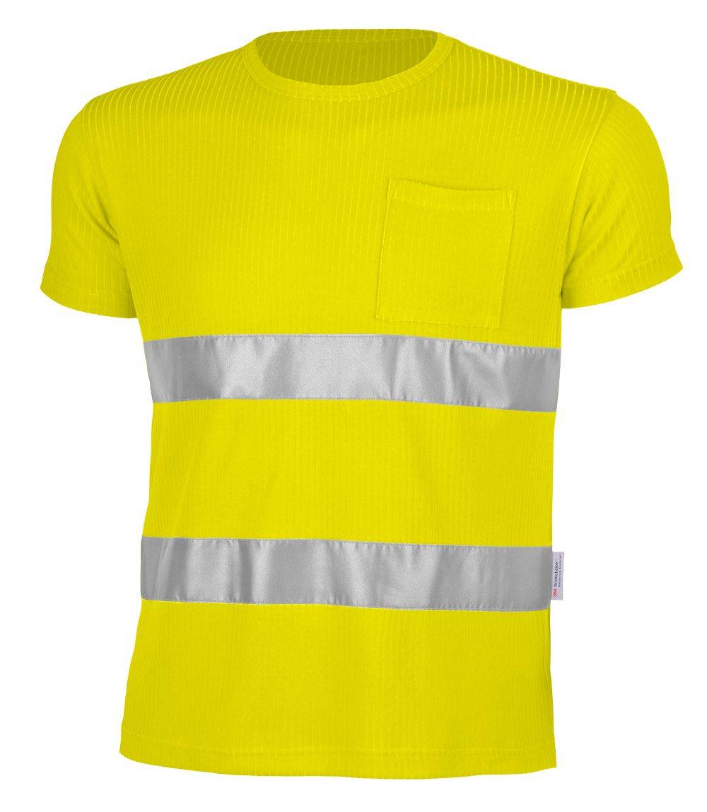 Leuchtend gelbes Sicherheitshemd mit reflektierenden silbernen horizontalen Streifen und einer Brusttasche auf der linken Seite.