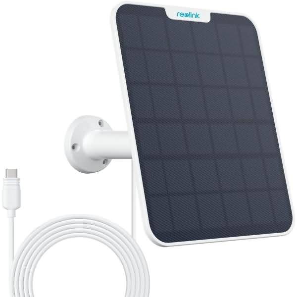 Reolink wandmontiertes Solarpanel mit angefügtem Ladekabel, dargestellt als Produkt auf weißem Hintergrund.