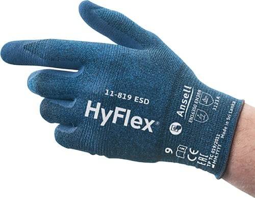 Ein blauer Handschuh mit der Bezeichnung „HyFlex 11-819 ESD