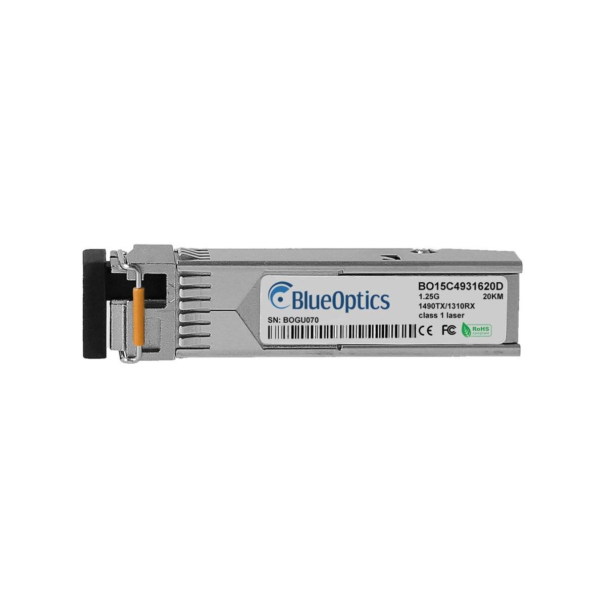 Ein BlueOptics SFP-Transceiver-Modul mit Metallgehäuse und schwarzem Steckerende auf weißem Hintergrund.