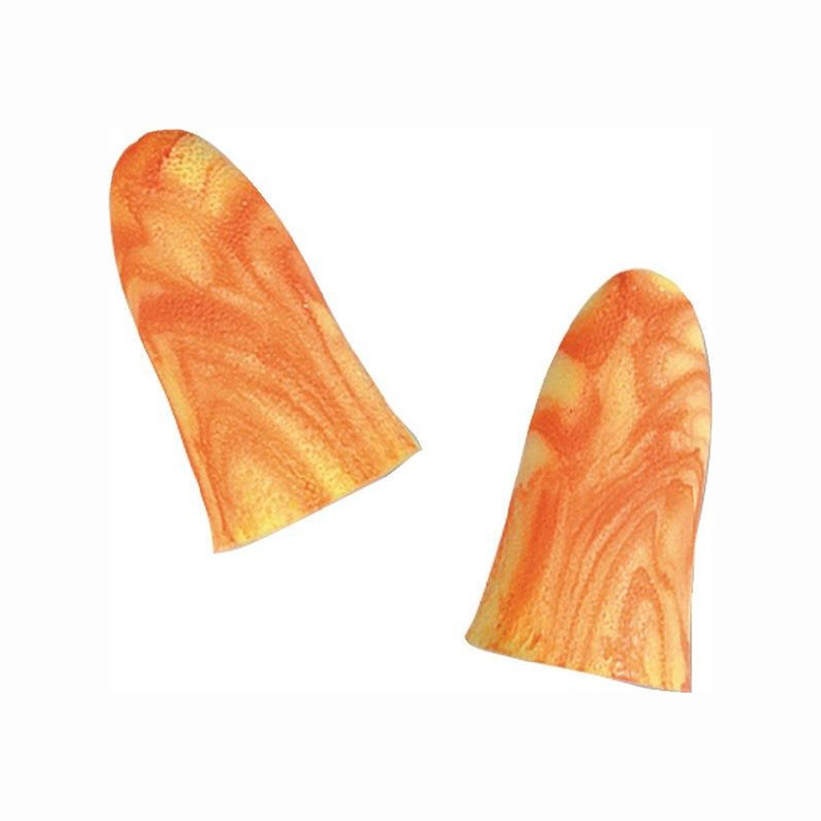 Zwei orangefarbene Ohrstöpsel mit marmoriertem Muster, nebeneinander auf weißem Hintergrund dargestellt.
