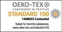 OEKO-TEX STANDARD 100-Zertifizierung, die die Textilsicherheit in Bezug auf schädliche Substanzen bestätigt, mit Webseite für weitere Informationen: www.oeko-tex.com/standard100.