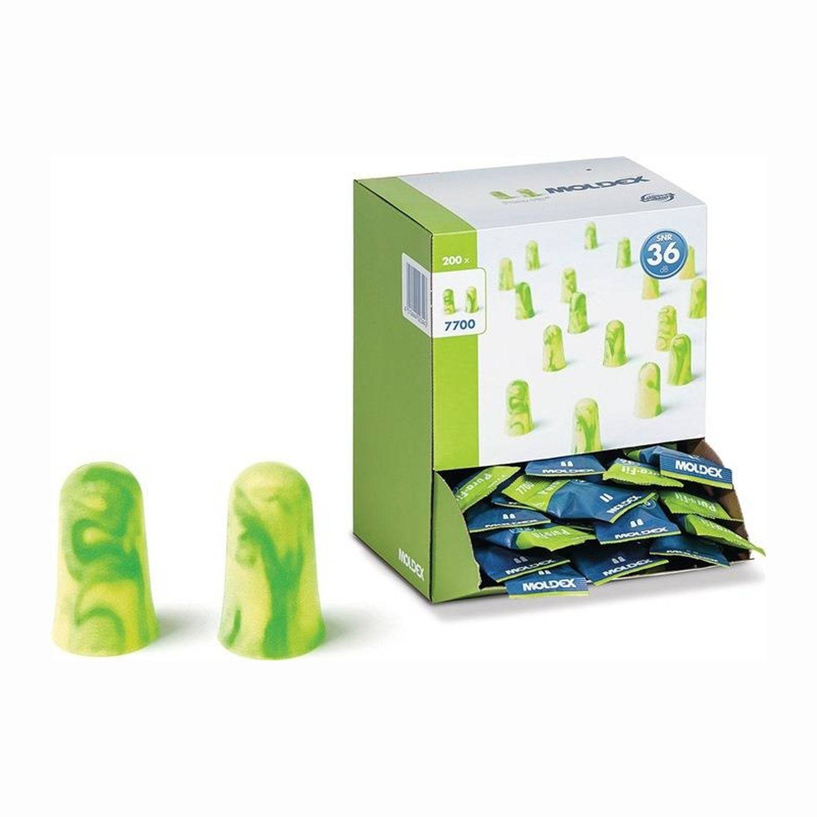 Schachtel mit grünen Ohrstöpseln, wobei einige außerhalb der Schachtel verstreut sind. Die Schachtel zeigt die Aufschrift 'Moldex' und '36', was auf die Menge oder den Produkttyp hindeutet.