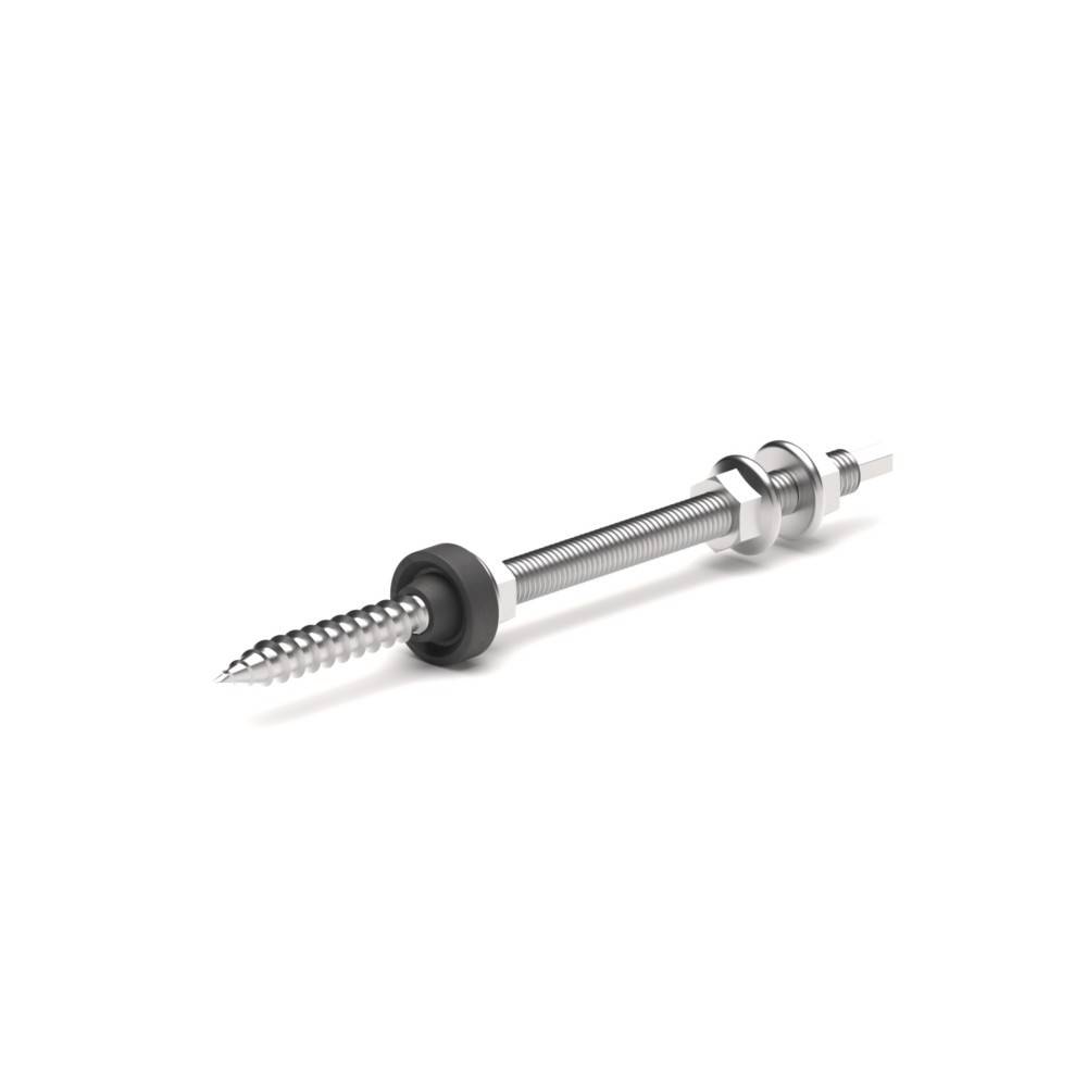 Eine Metallschraube mit einer spitzen Spitze, einer Gummischeibe und einer Sechskantmutter vor einem sauberen weißen Hintergrund. Geeignet für mechanische Befestigung.