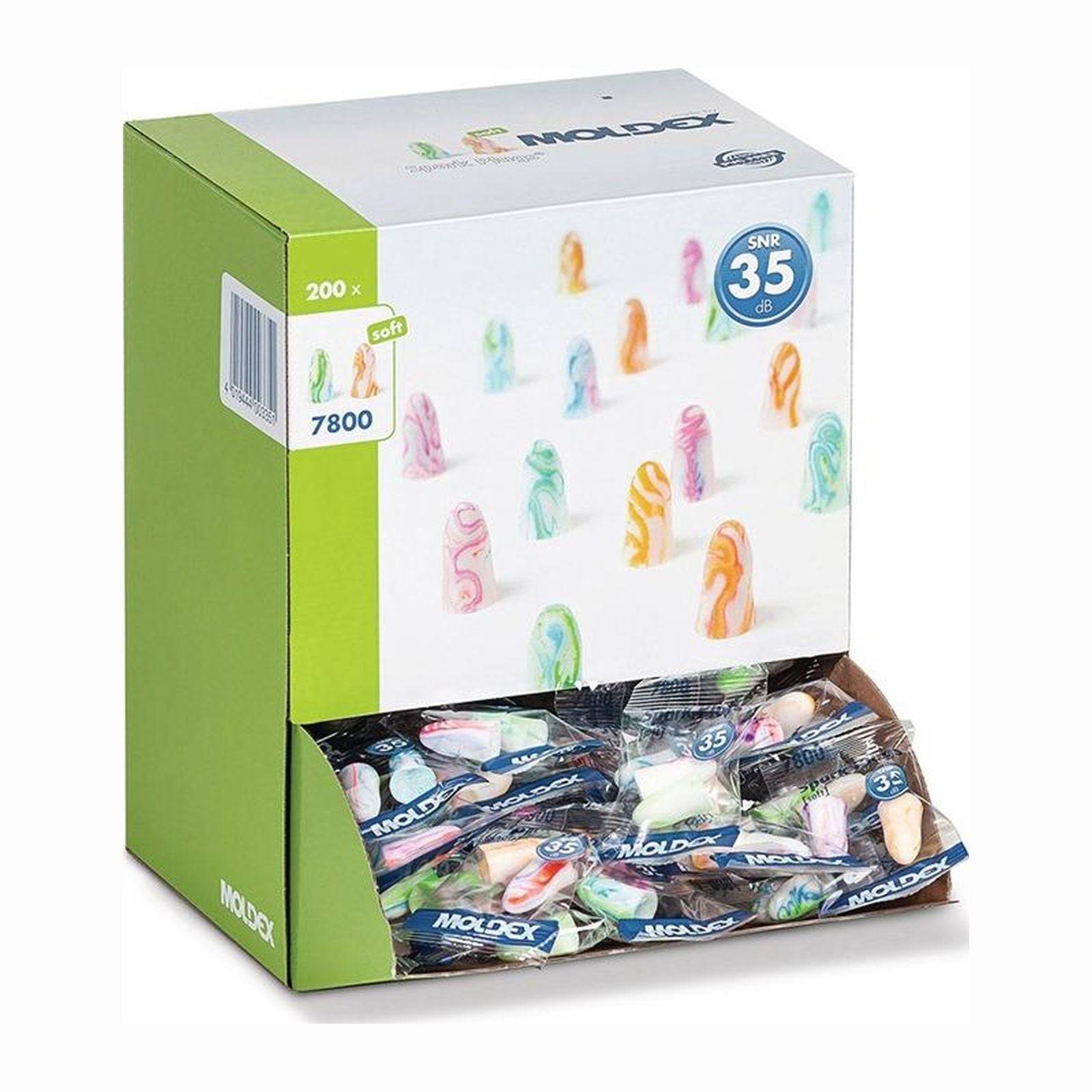 Schachtel mit 200 Paaren Moldex-Ohrstöpseln, mit verschiedenen bunten, gestreiften Designs; mit der Beschriftung 