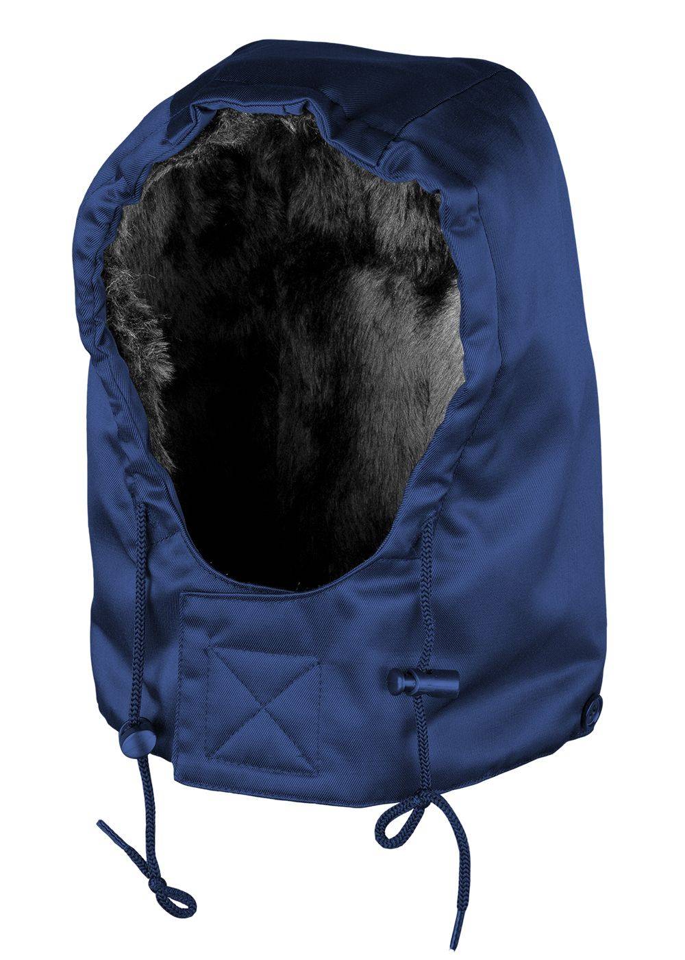 Blaue Wintermütze mit Pelzfutter, Kordelzug und Knopfverschluss-Klappe; bietet Wärme und Schutz vor kaltem Wetter.