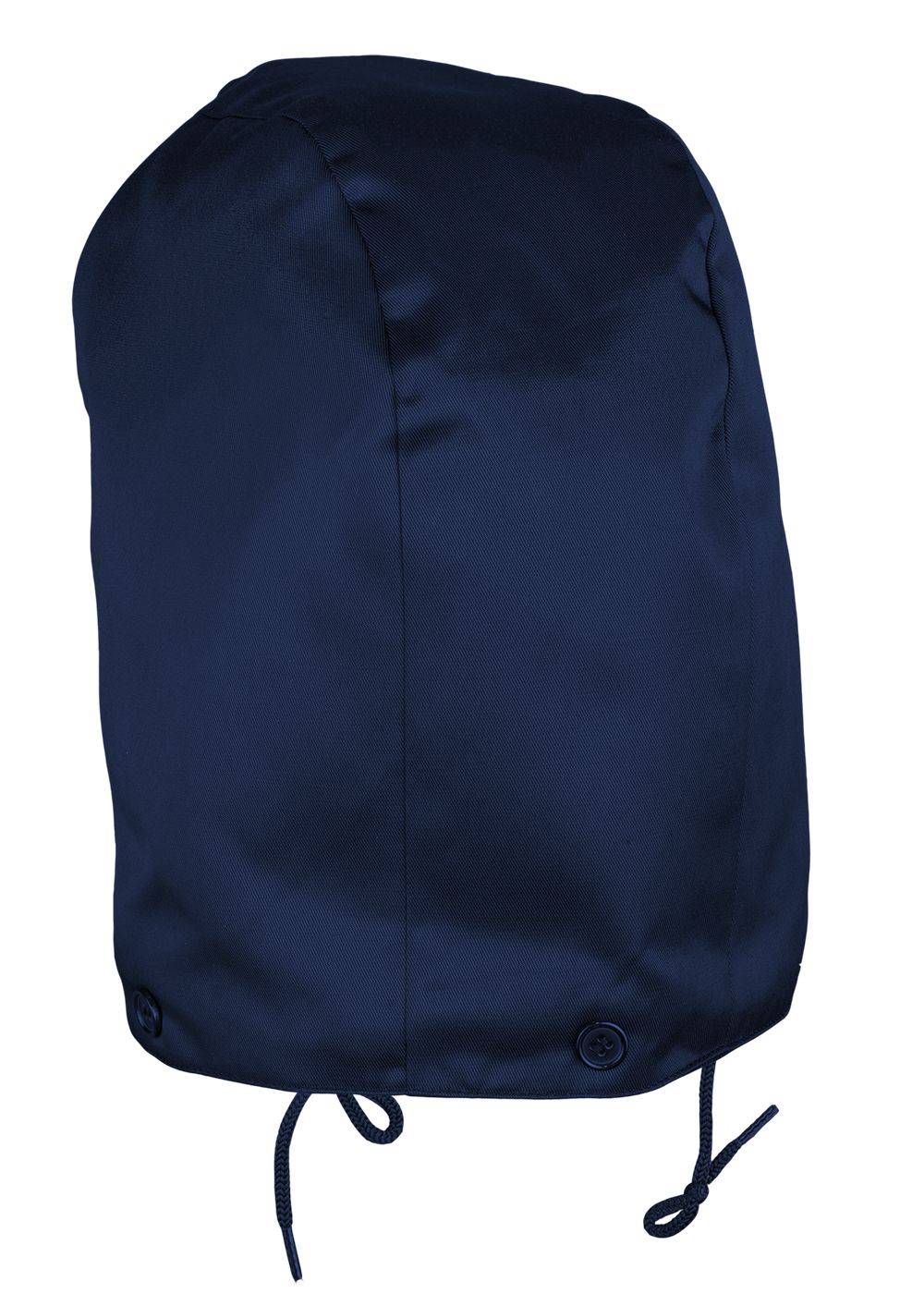 Eine marineblau Satintasche mit Kordelzug und glatter Oberfläche.