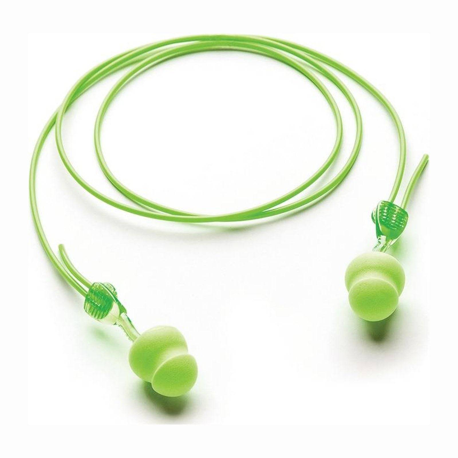 Grüne Ohrhörer mit durchsichtigen Kabeln und Silikonspitzen.