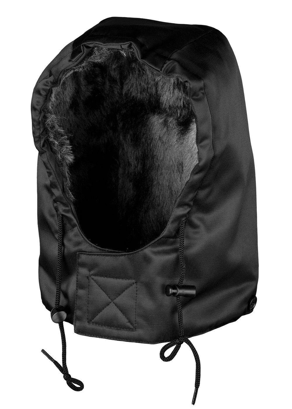 Eine schwarze, isolierte Kapuze mit Kunstfellinnenfutter, mit verstellbaren Kordelzügen und Verschlüssen zum Befestigen, entworfen zum Schutz bei kaltem Wetter.