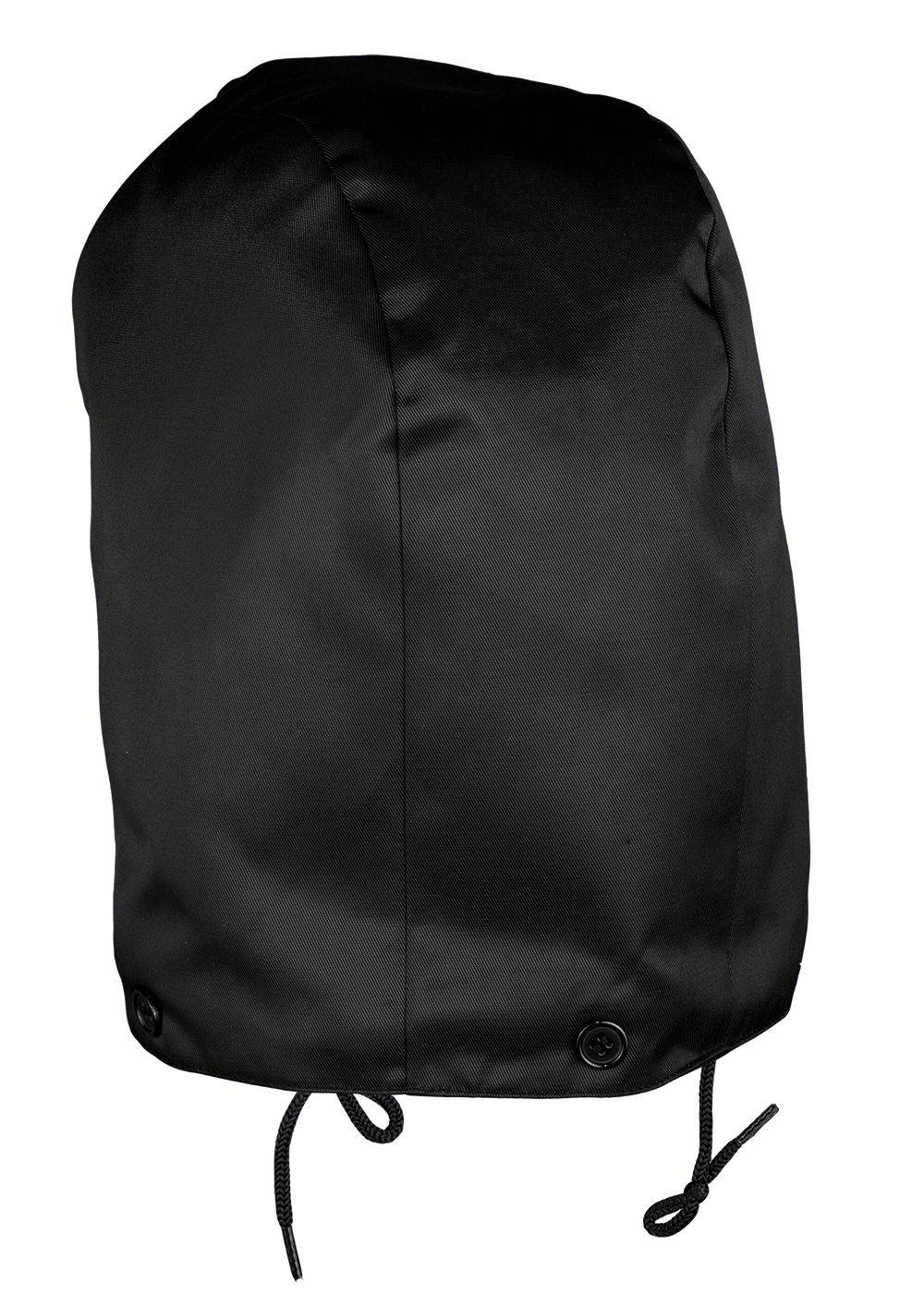 Ein schwarzer Rucksack mit Kordelzug, aufrecht vor weißem Hintergrund dargestellt.